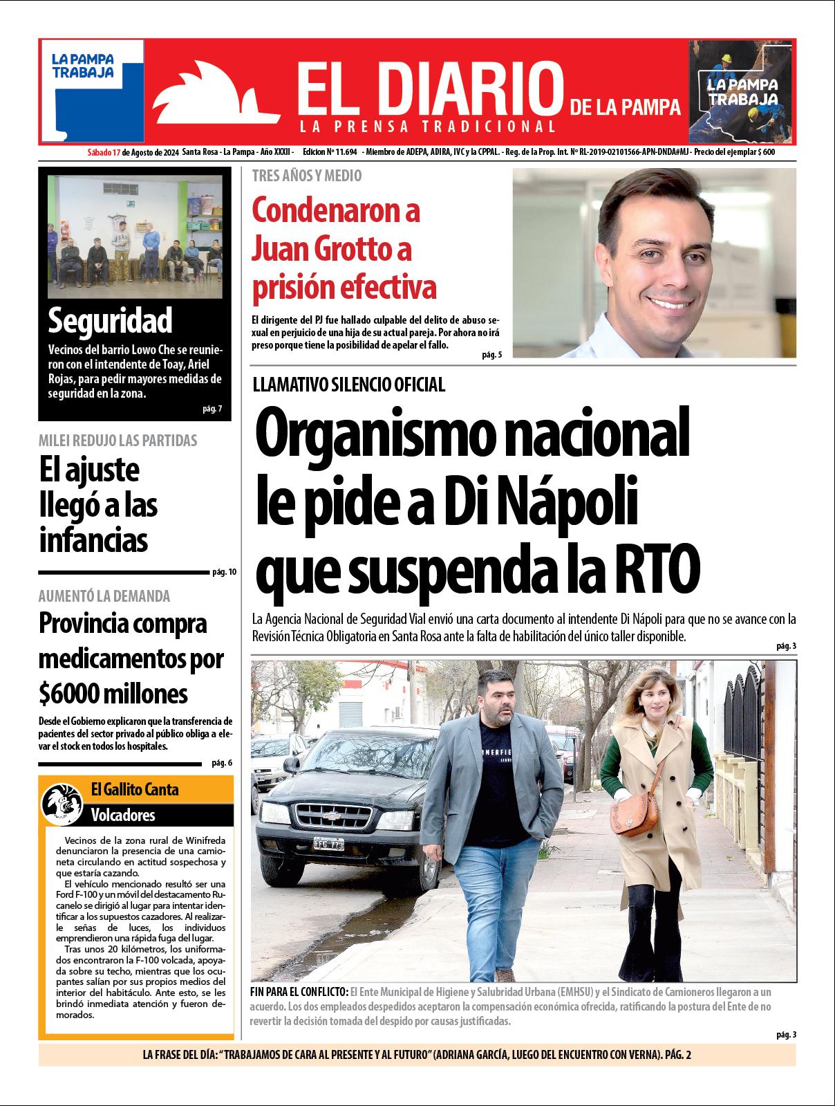 Tapa de El Diario en papel  saacutebado 17 de agosto de 2024